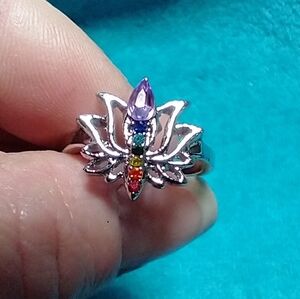 Silvertone rainbow chakra Lily peace ring colorful multicolor